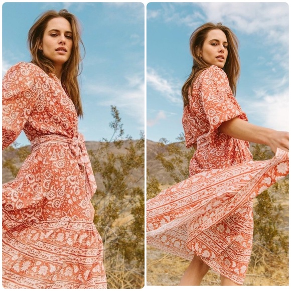 Cleobella The Sara Woodblock Print Tie Waist Cotton Midi Dress Terracotta Sz M - Picture 1 of 11